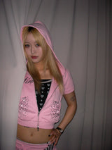 Ninety Girl Sequined Short Sleeve Zip Hoodie