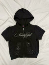 Ninety Girl Sequined Short Sleeve Zip Hoodie