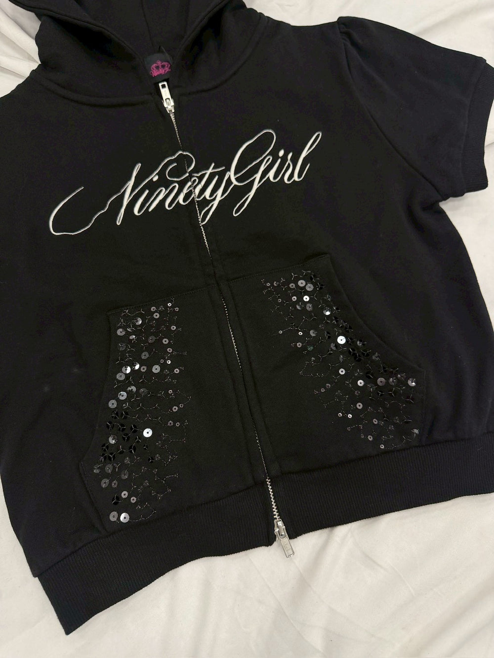 Ninety Girl Sequined Short Sleeve Zip Hoodie – YZ