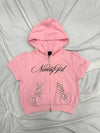 Ninety Girl Sequined Short Sleeve Zip Hoodie