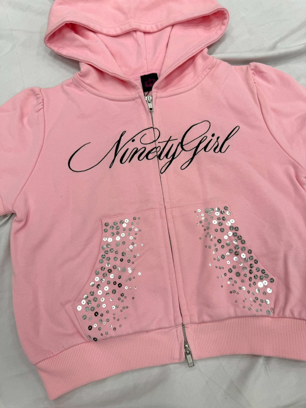 Ninety Girl Sequined Short Sleeve Zip Hoodie – YZ
