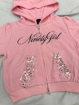 Ninety Girl Sequined Short Sleeve Zip Hoodie