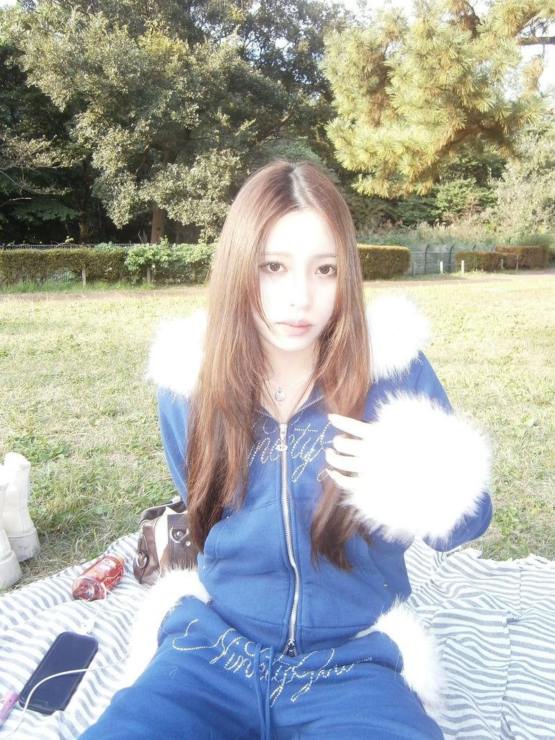 Ninety Girl Rhinestone Fur Zip Hoodie