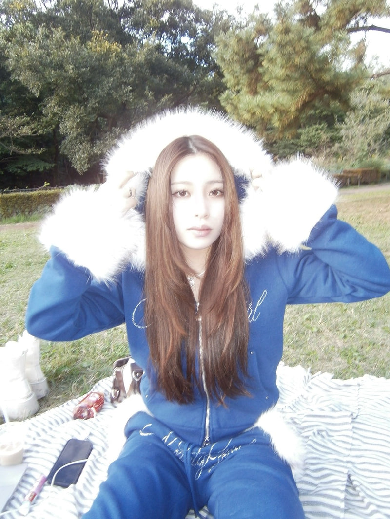 Ninety Girl Rhinestone Fur Zip Hoodie