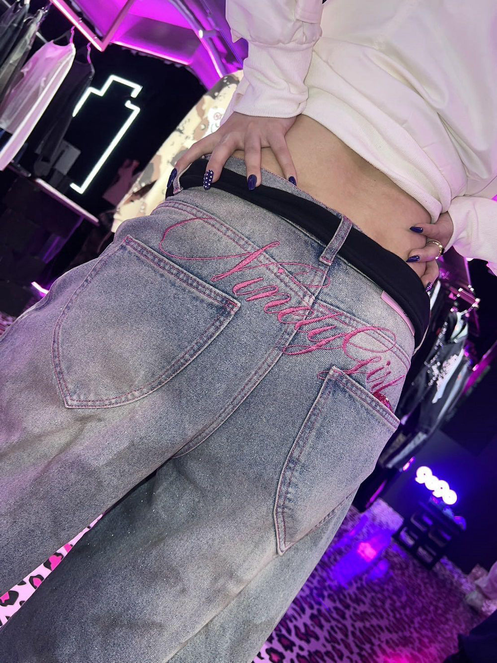 Ninety Girl Logo Glitter Buggy Denim Pants – YZ Ninety Girl Logo Glitter Buggy Denim Pants – YZ