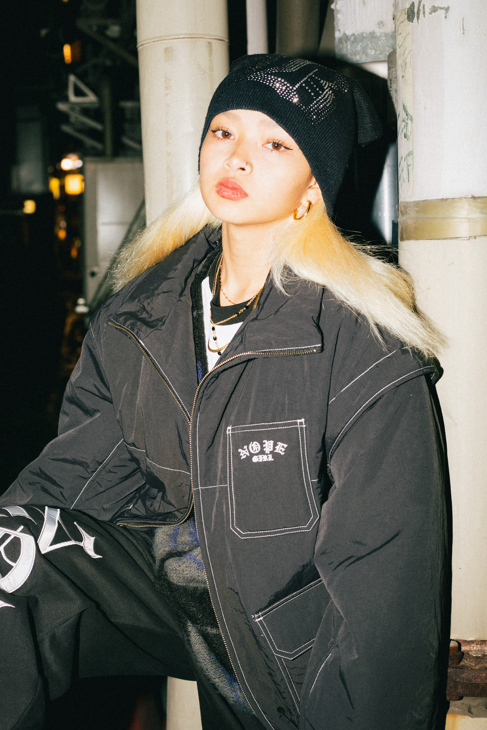 Nope girlセットアップ 黒 煤け スウェット ジップアップ ストリート 